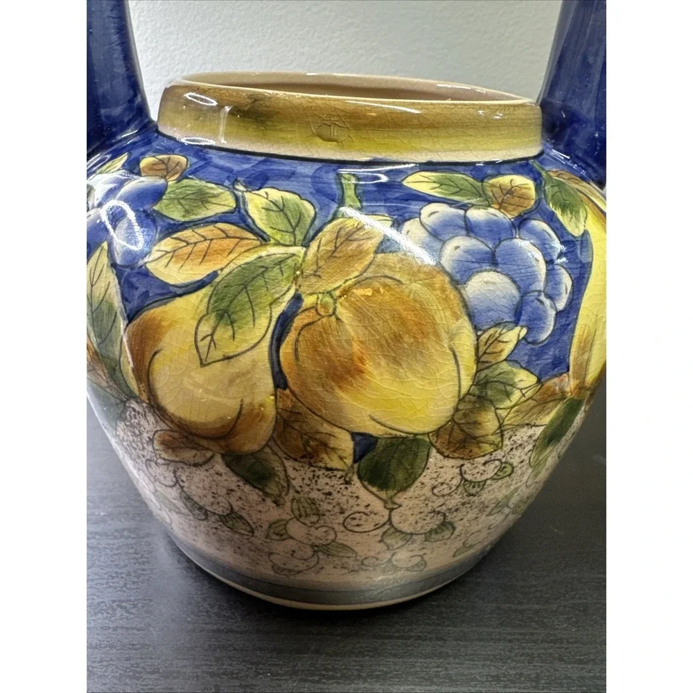 Lg Vtg Ceramic Pottery Teapot With‎ Lid Colorful Cobalt Blue Yellow Pears